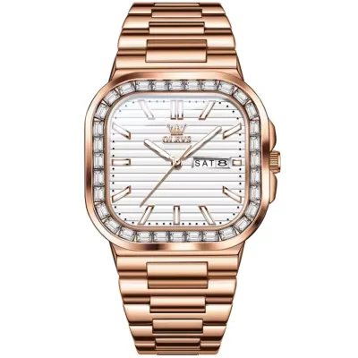 OLEVS 9966 New Diamond Quartz Watch For Men Square Dial Dual Calendar Man Wristwatches Stainless Steel Waterproof Hand Clock